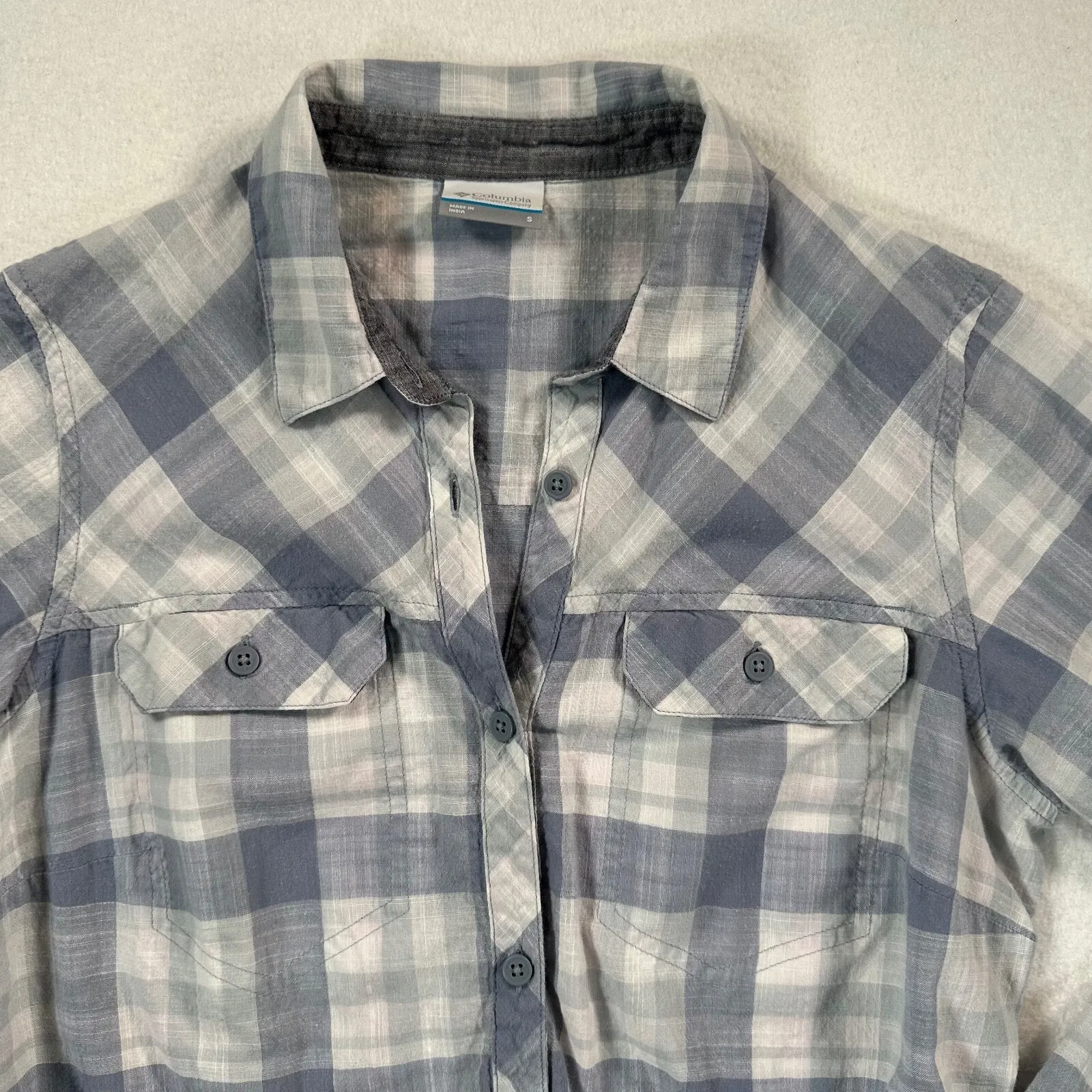 Columbia Button Down Shirt Women’s Small Blue White Gingham Drawstring Waist - Image 8