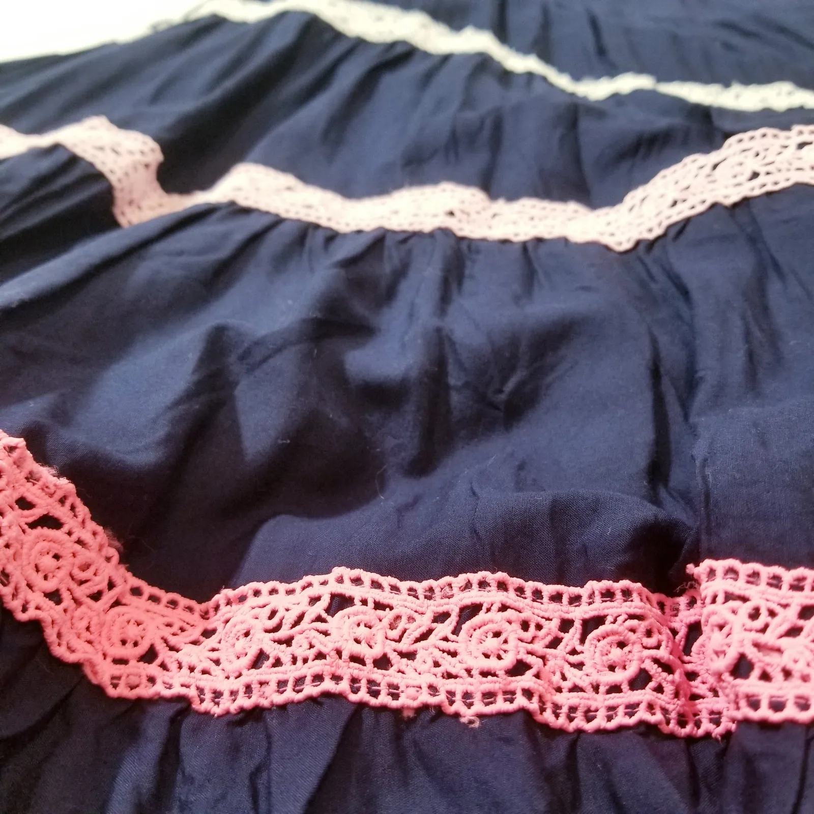 Crown Ivy Navy Blue Smocked Tiered Maxi Dress Lace Pom Pom Details - Image 9