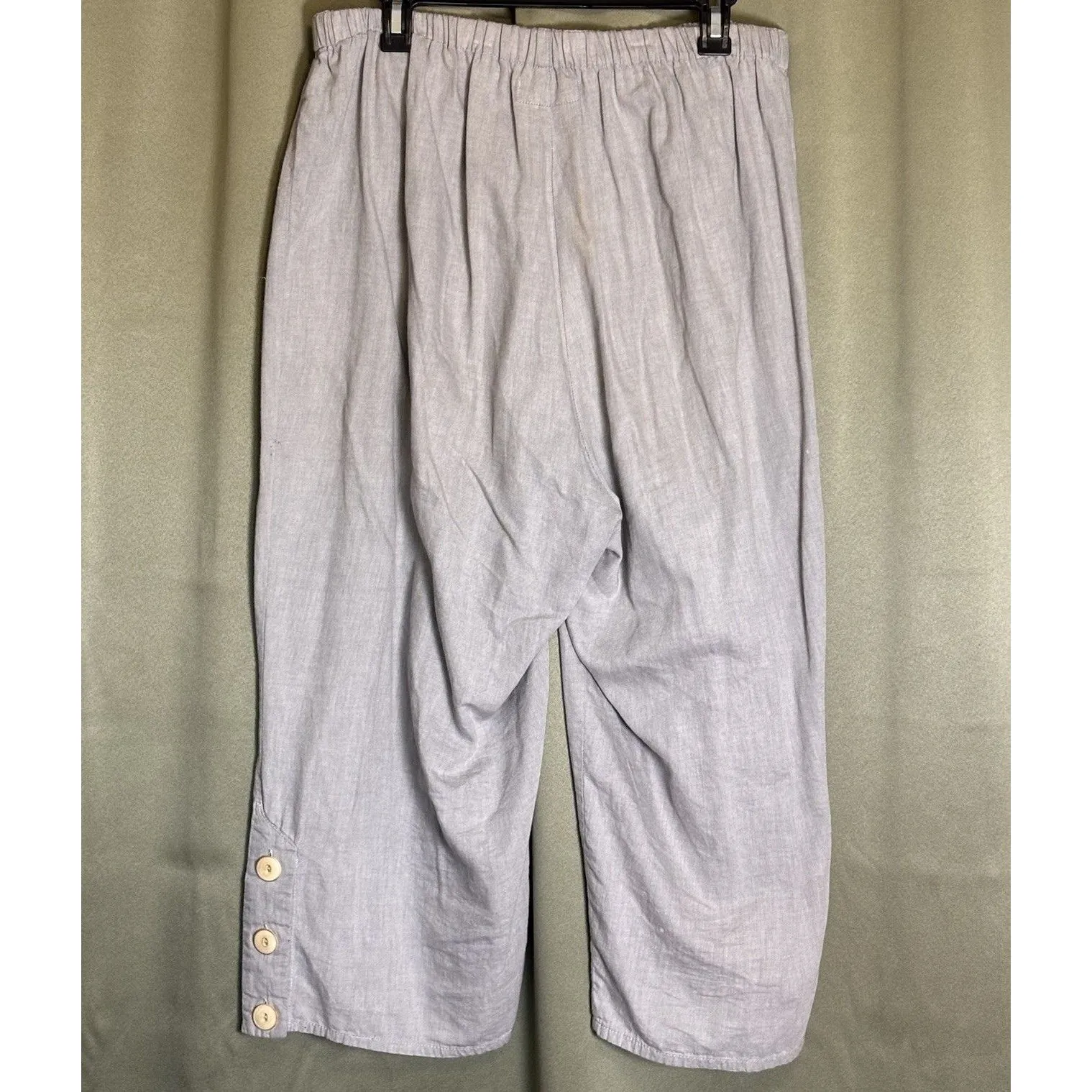 FLAX Linen Pants Large Gray Relaxed Wide Leg Trousers Lagenlook Boho Buttons - Image 2