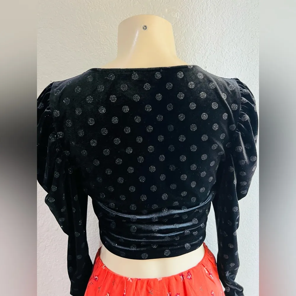 For Love & Lemons Black Velvet Polka Dot Blouse Size S - Image 4