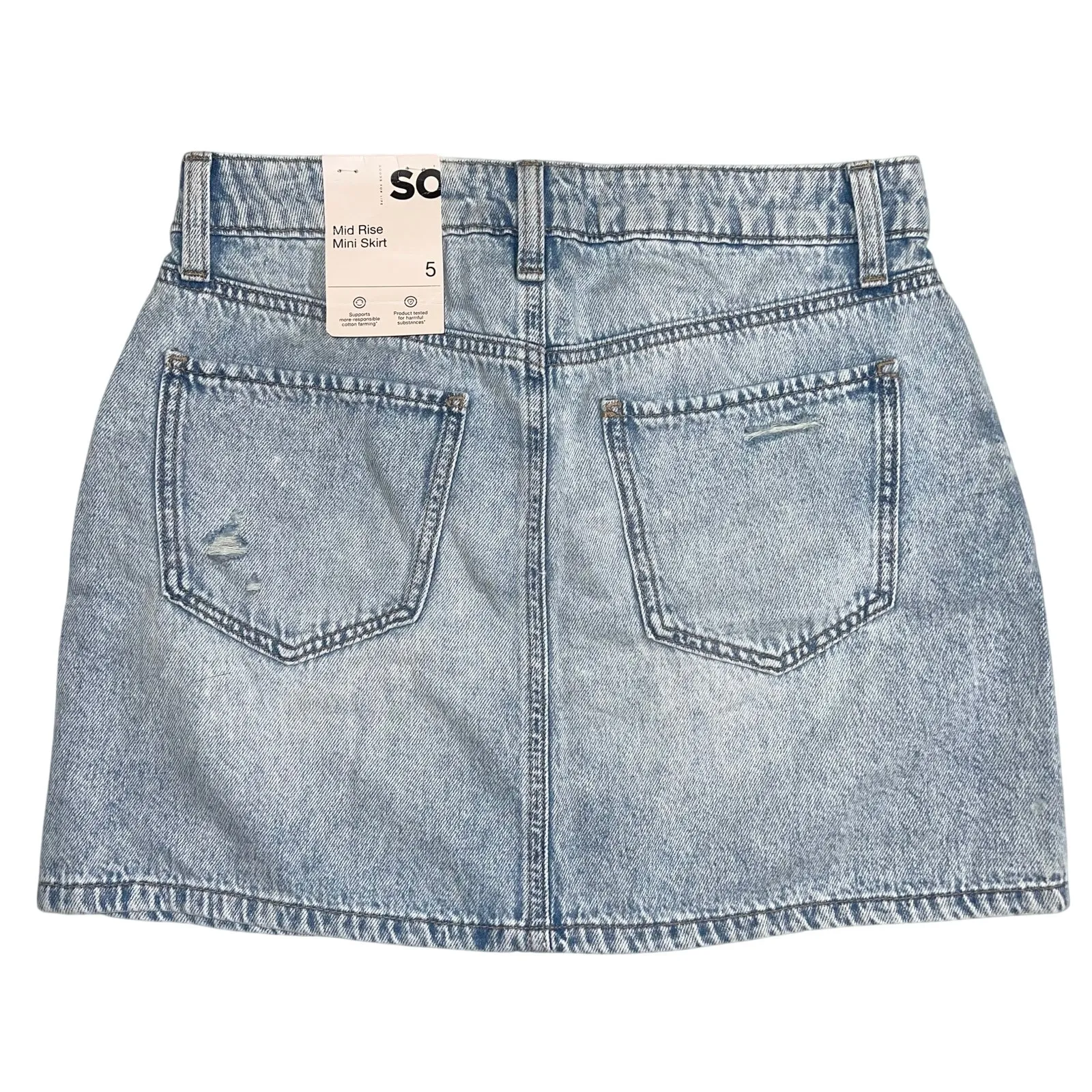SO Womens Mid Rise Denim Blue Jean Mini Skirt Light Wash Distressed Size 5 27W - Image 5