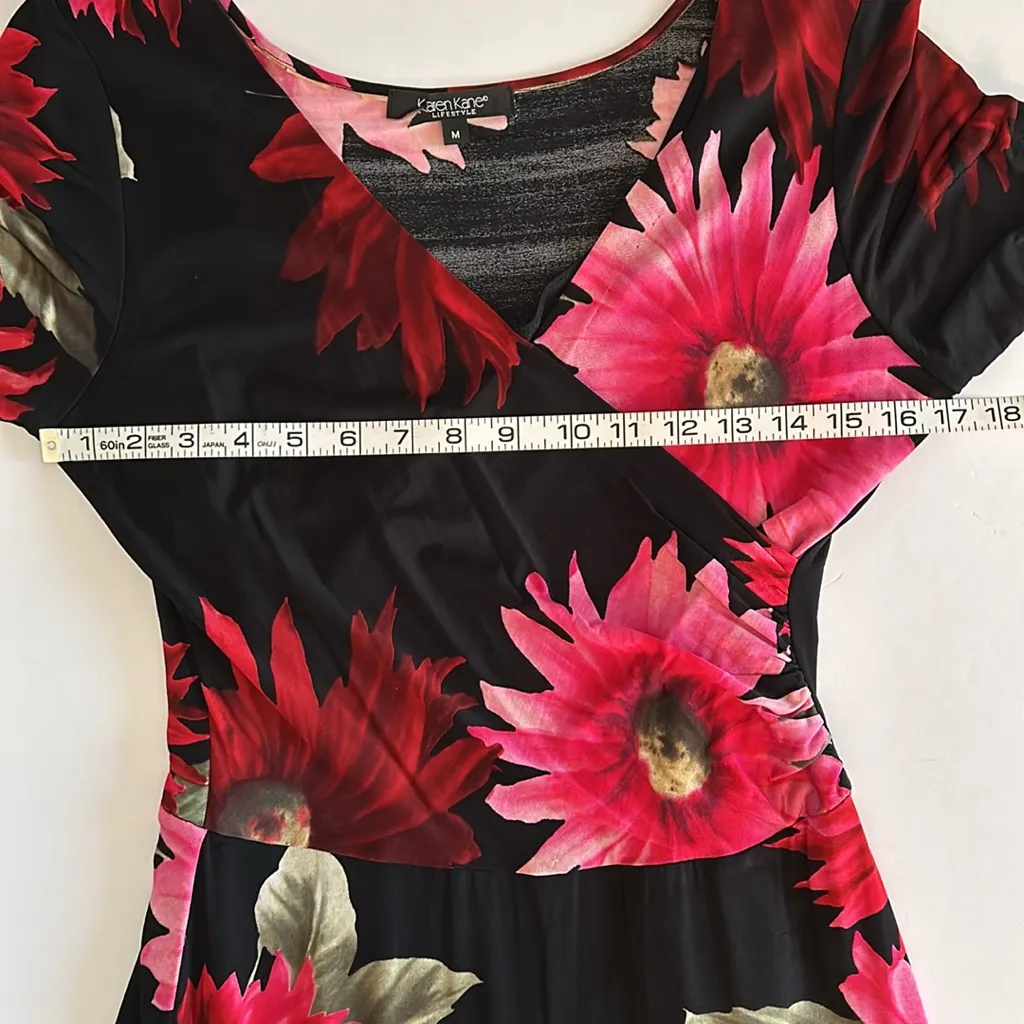 Karen Kane faux wrap elbow sleeve black pink red bold floral fit and flare dress - Image 9