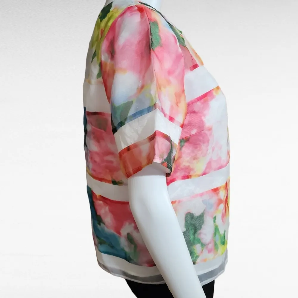 Worthington White Watercolor Floral Illusion Stripe Taffeta Blouse Size Medium - Image 3