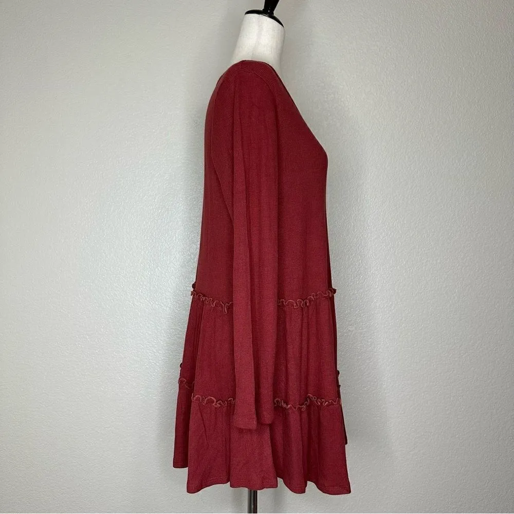 Pink Lily Burgundy Waffle Knit Tiered Ruffle Skirt Long Sleeves Dress - Image 5