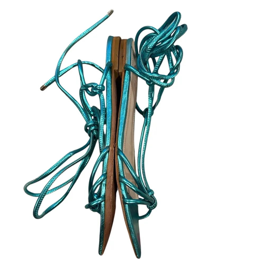 SCHUTZ LACE-UP METALLIC TURQUOISE BLUE STRAPPY POINTED TOE FLAT SANDAL SHOES 38 - Image 4