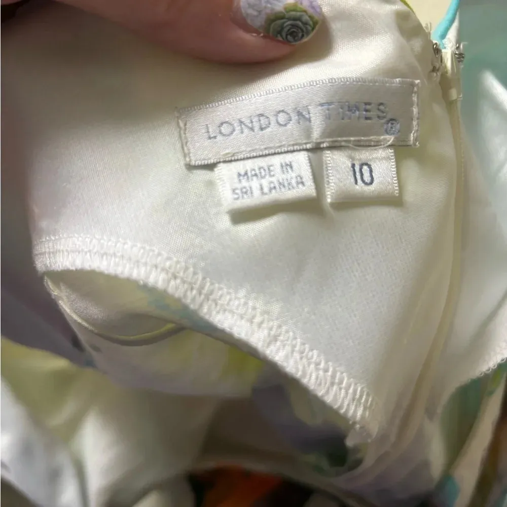 London Times Watercolor Print Ruched Wrap Dress Size 10 Sheath Sleeveless - Image 6