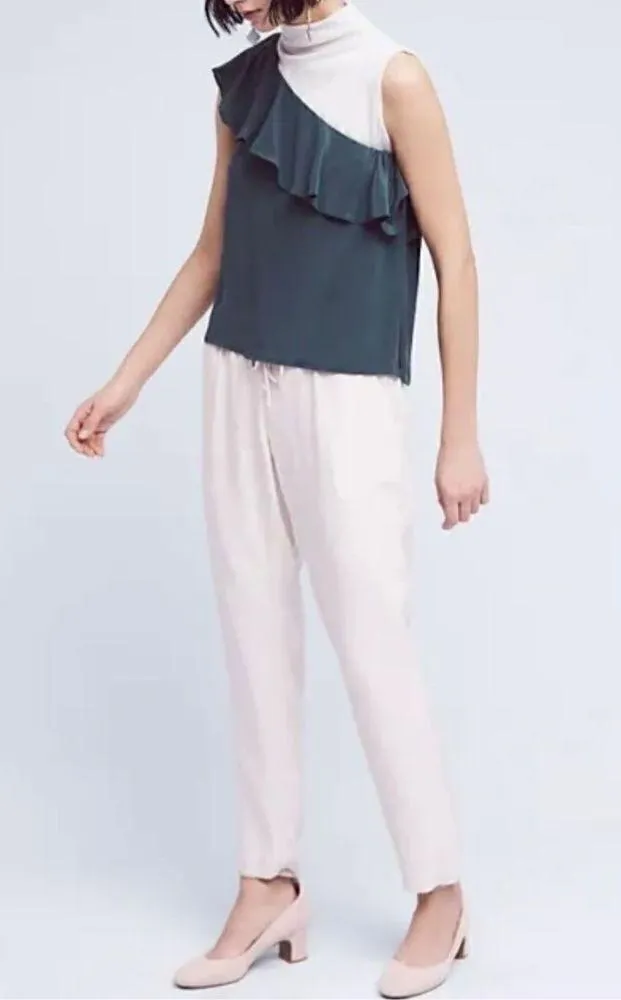 Maeve Anthropologie Holly Silk Chiffon Ruffle One Shoulder Green Blouse sz 4 - Image 3