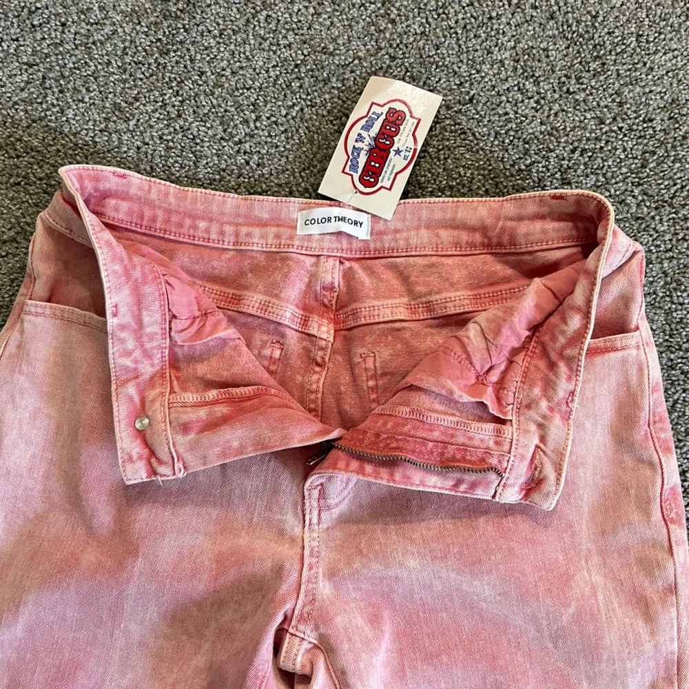 NEW Color Theory Flip Side Fray Hem Pink Bell Bottom Jeans Medium Size undefined - Image 9