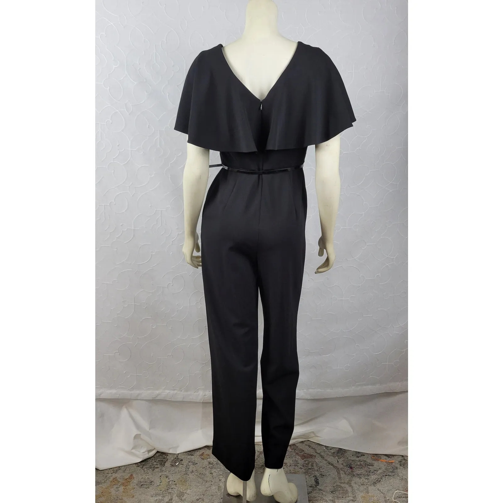Calvin Klein Womens Jumpsuit Size 4 Black Capelet Sleeve Belted‎ Wide Leg Career - Image 7