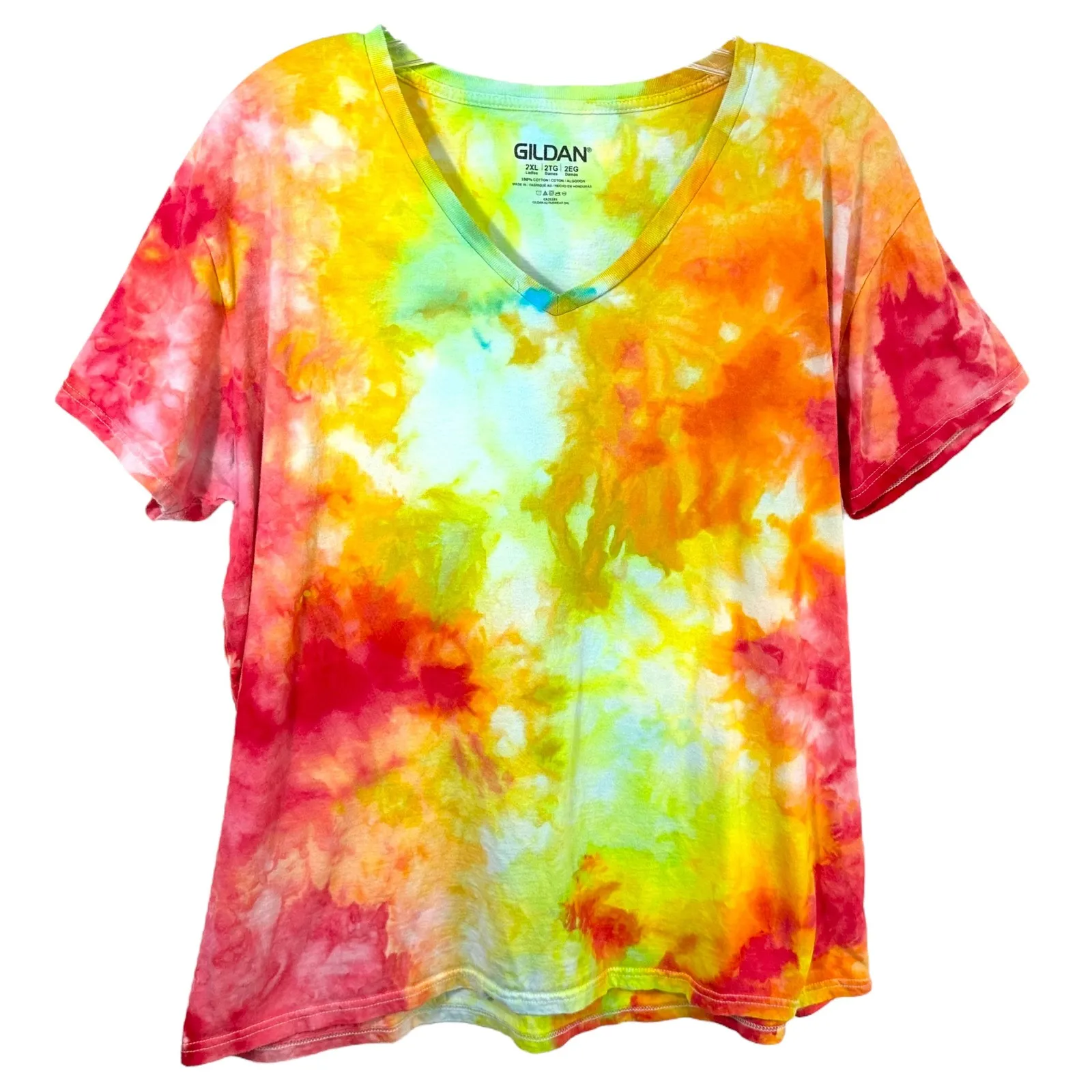 Handmade Tie Dye Size 2XL Shirt‎ Green Red Orange V Neck Short Sleeve Boho 1131 - Image 2