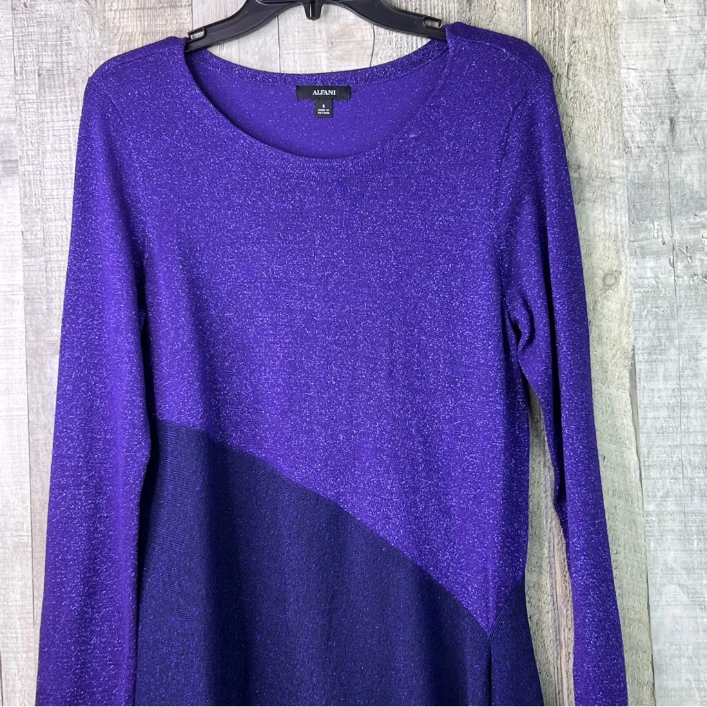 Alfani Size Small Metallic Purple Asymmetrical Pullover Crewneck Knit Sweater - Image 4