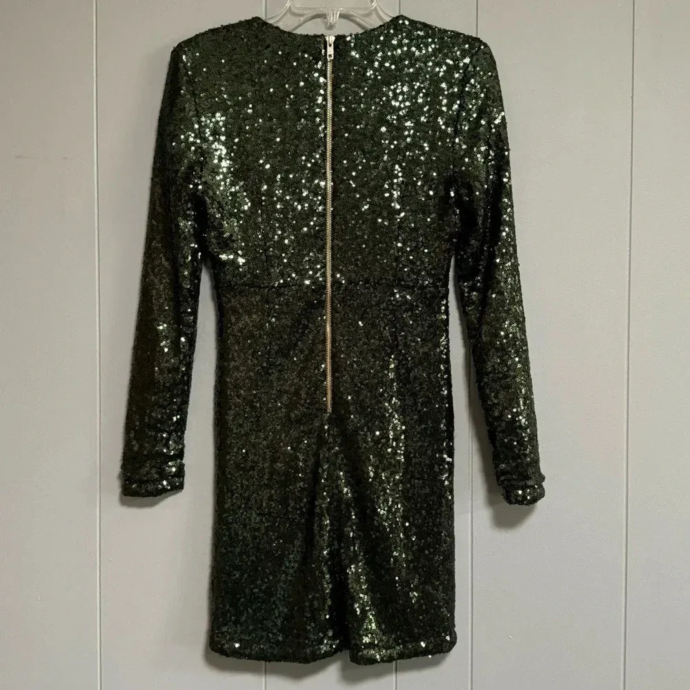 CHARLOTTE RUSSE Dark Green Sequin Long Sleeve Deep V Dress Ruching Size Small - Image 2
