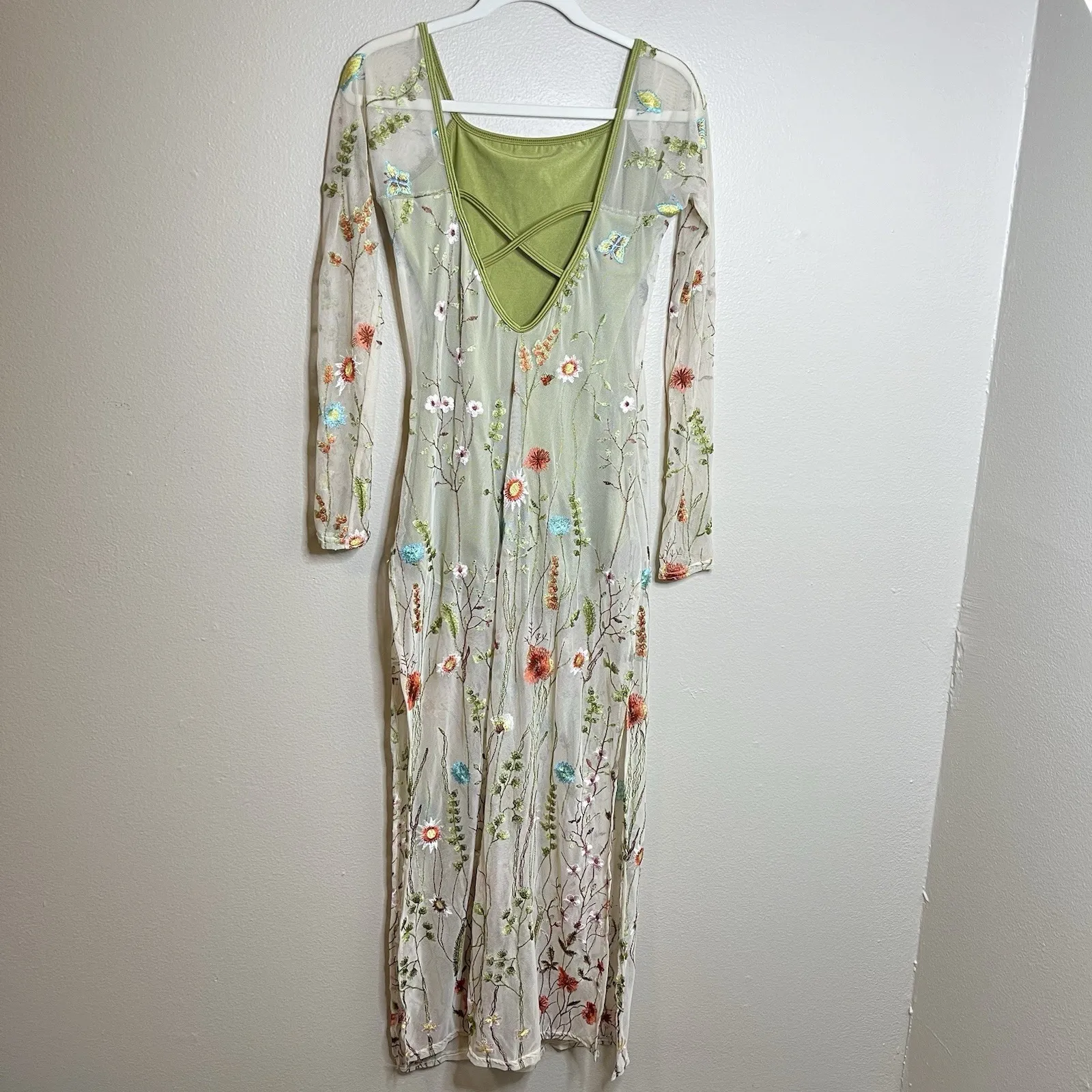 Women's Costume Whimsical Fairy Concert Rave Sheer Embroidered Floral Coachella Green Size M - Image 7