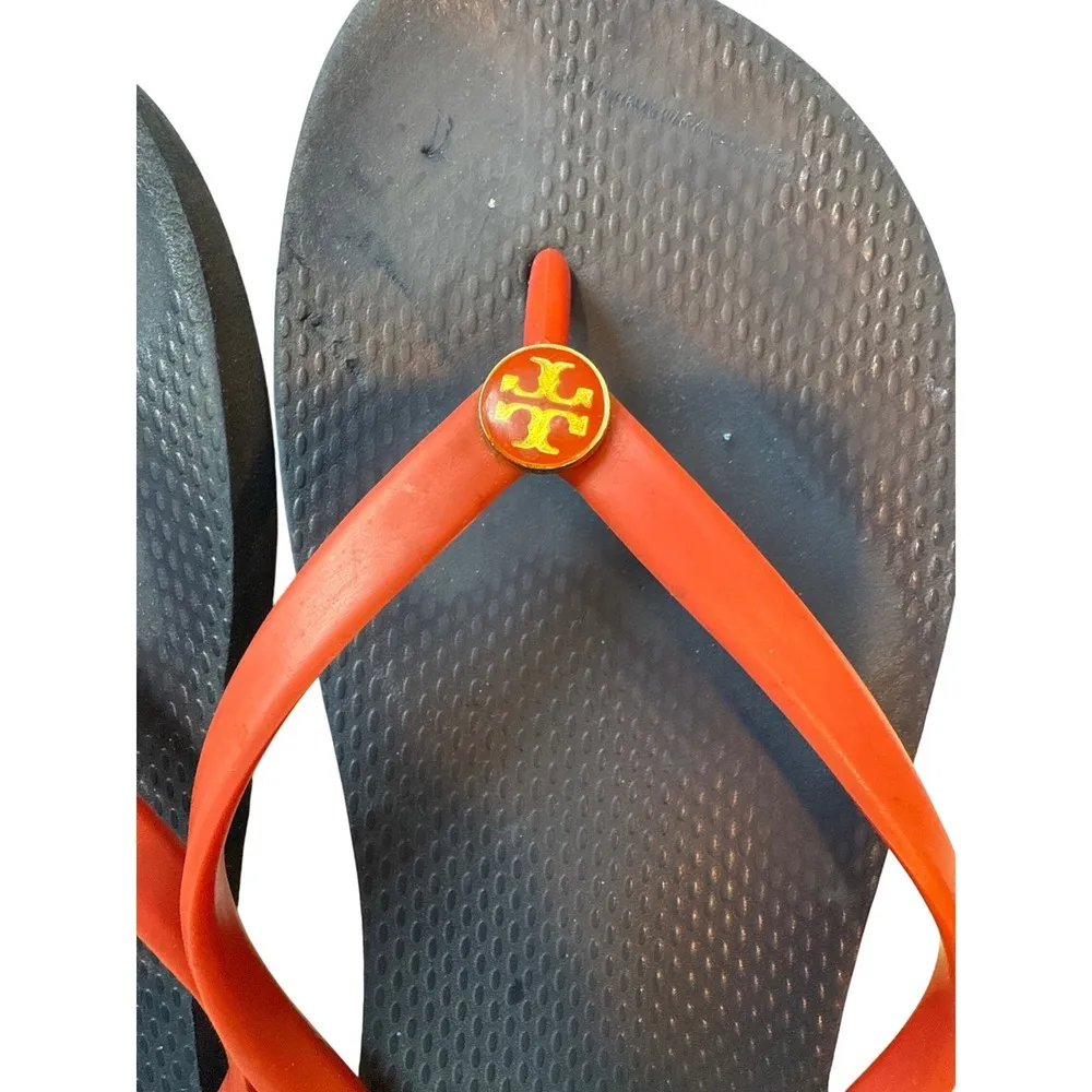 Tory Burch Flip Flops Sandals Rubber Thong Logo Black Orange Women's 8 - Image 3