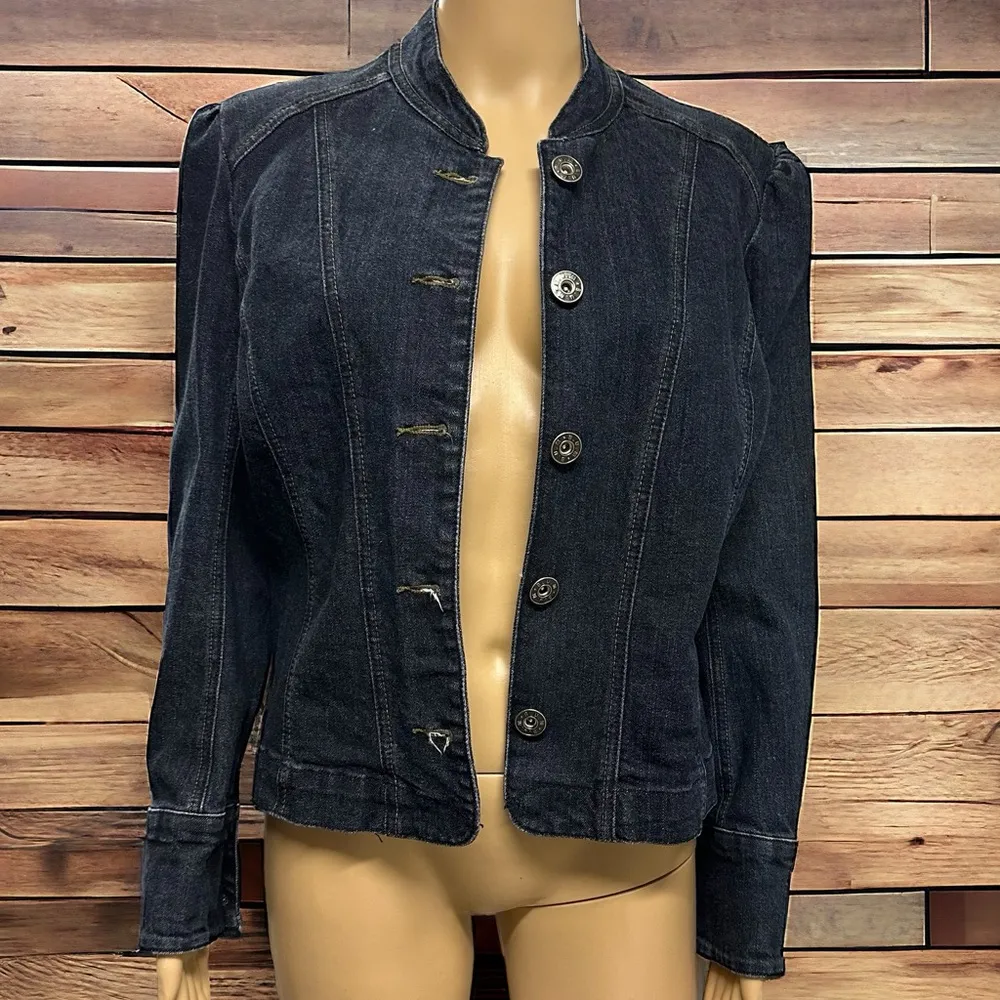 Bum Equipment Mandarin Collar Stretch Denim Button Up Blue Jean Jacket Cotton M - Image 9