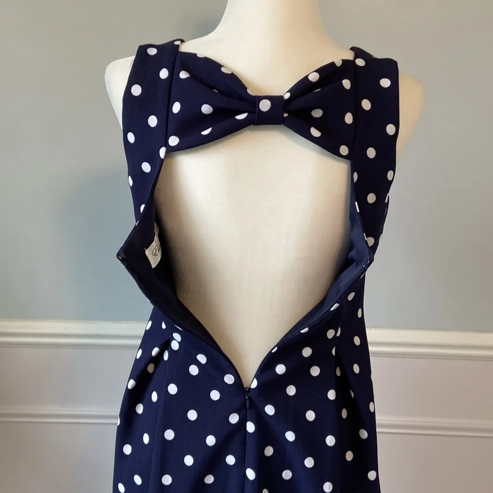 Eliza J Fit and Flare Skater Dress Navy White Polka Dot Bow Cut Out Back Sz 2 - Image 9