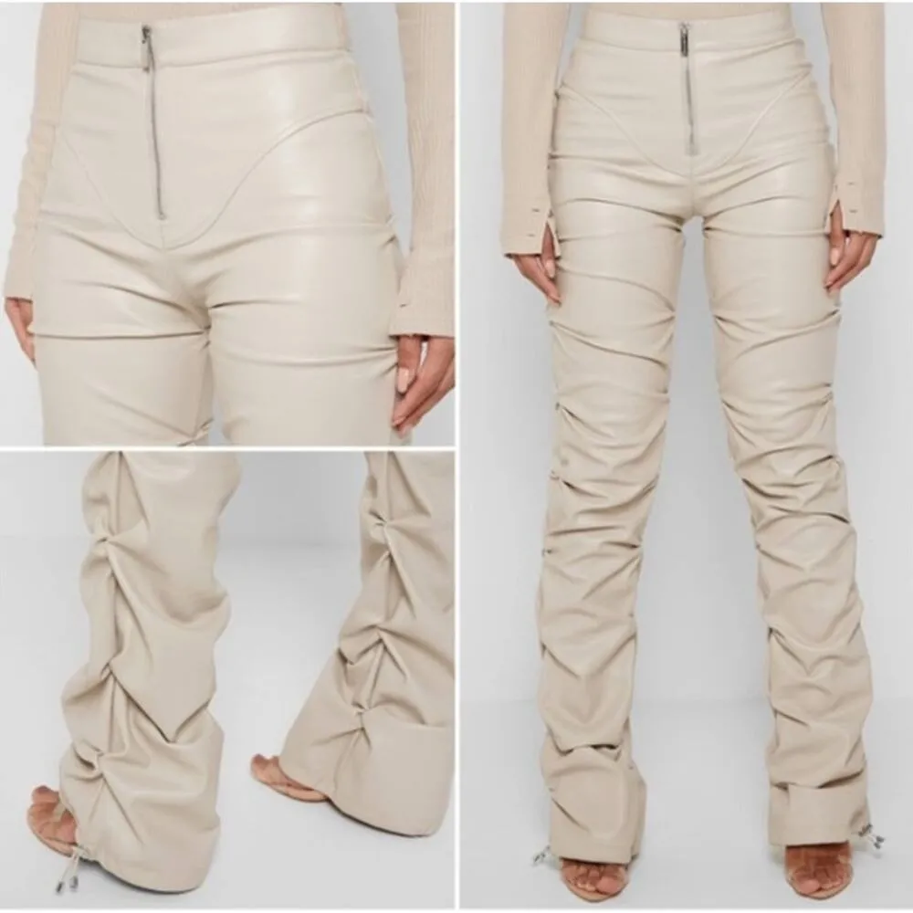 Maniere De Voir - Tacked Faux Leather Flared Trousers in Beige - Image 9