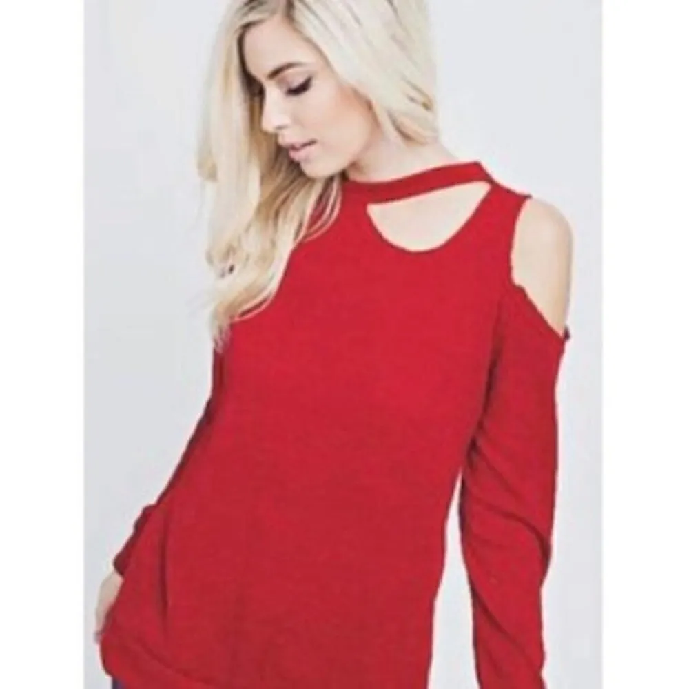 143 Story Top Medium Cold Shoulder Long Sleeve Deconstructed Maroon Distressed - Image 3