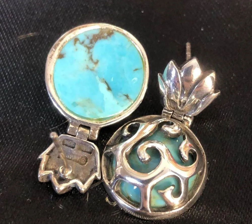 BARSE Sterling Silver Scroll Cage Cabochon Turquoise Drop Earrings RARE - Image 4