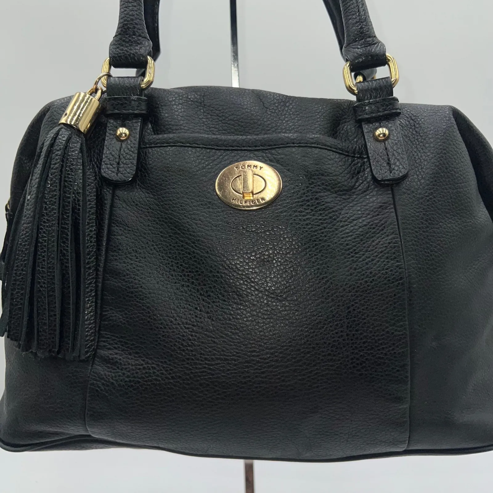 Tommy Hilfiger Black Leather Satchel Purse Shoulder Bag Tassel Gold Hardware - Image 2