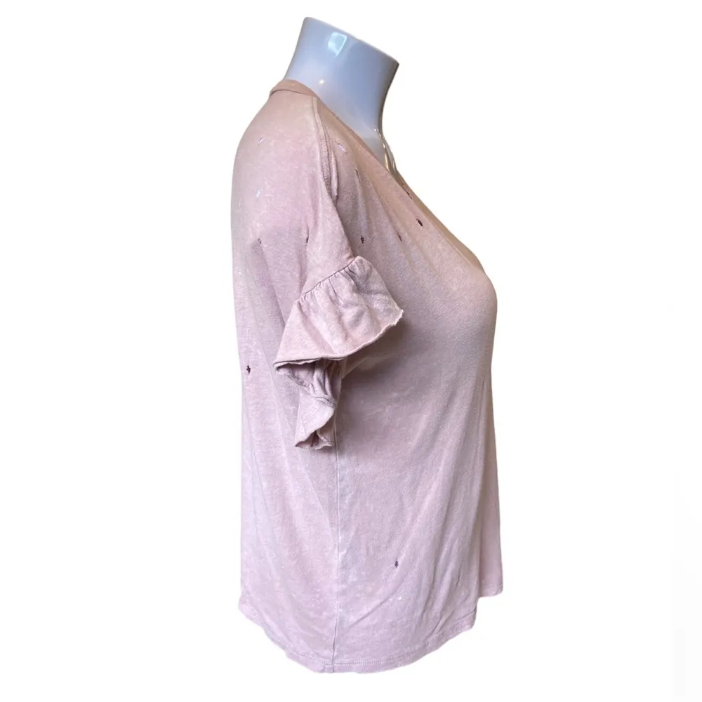 Pink Distressed Short Sleeve Ruffle Tee Shirt - Image 2