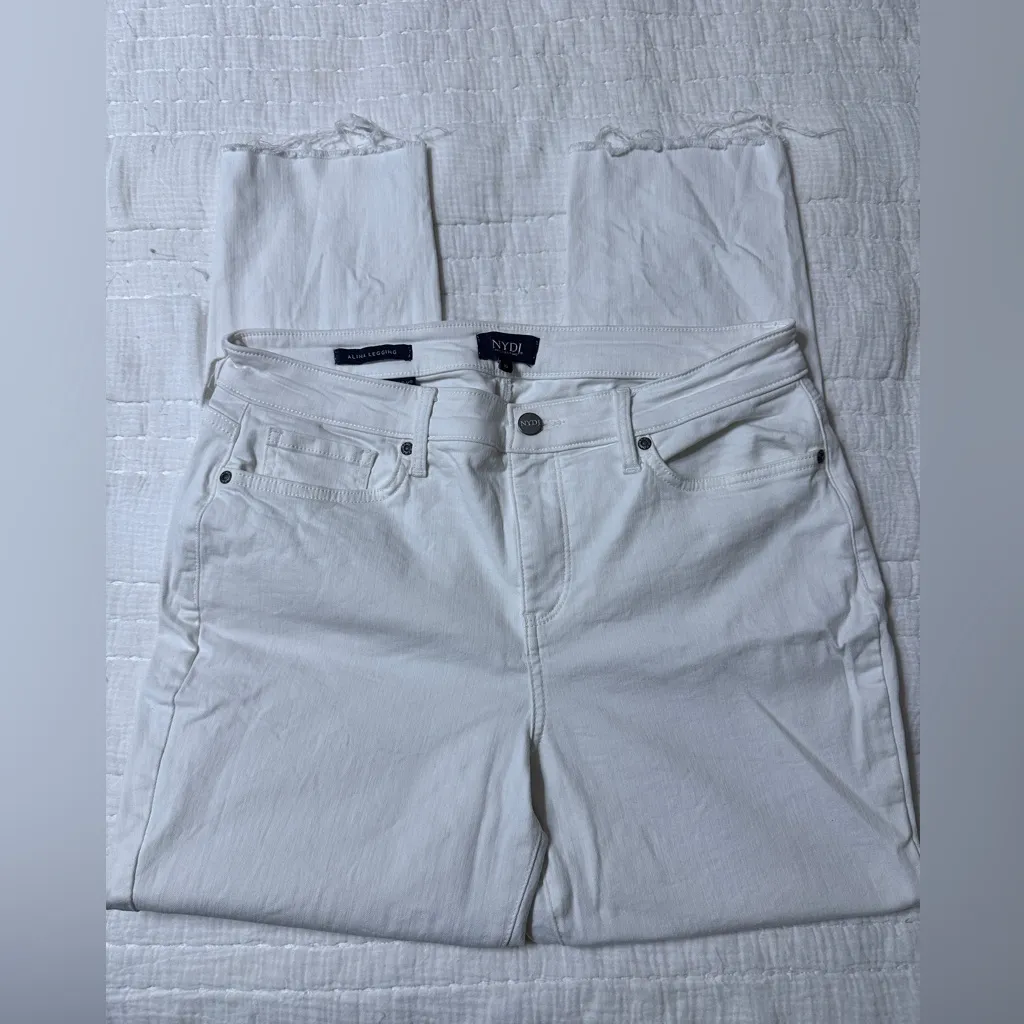 NYDJ Alina Denim Lift X Tuck Technology white jeans distressed bottom; size 10 - Image 7