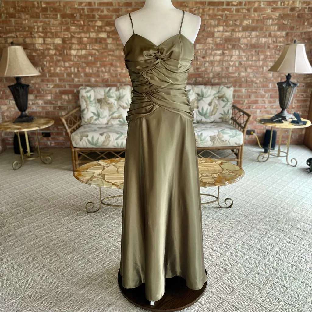 Jessica McClintock Gown Satin Ruched Olive Green Dress Cocktail Evening 4 - Image 2