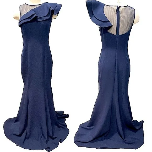 Eliza J. Navy Blue One Shoulder Illusion Ruffle Mermaid Gown Size 6 - Image 3