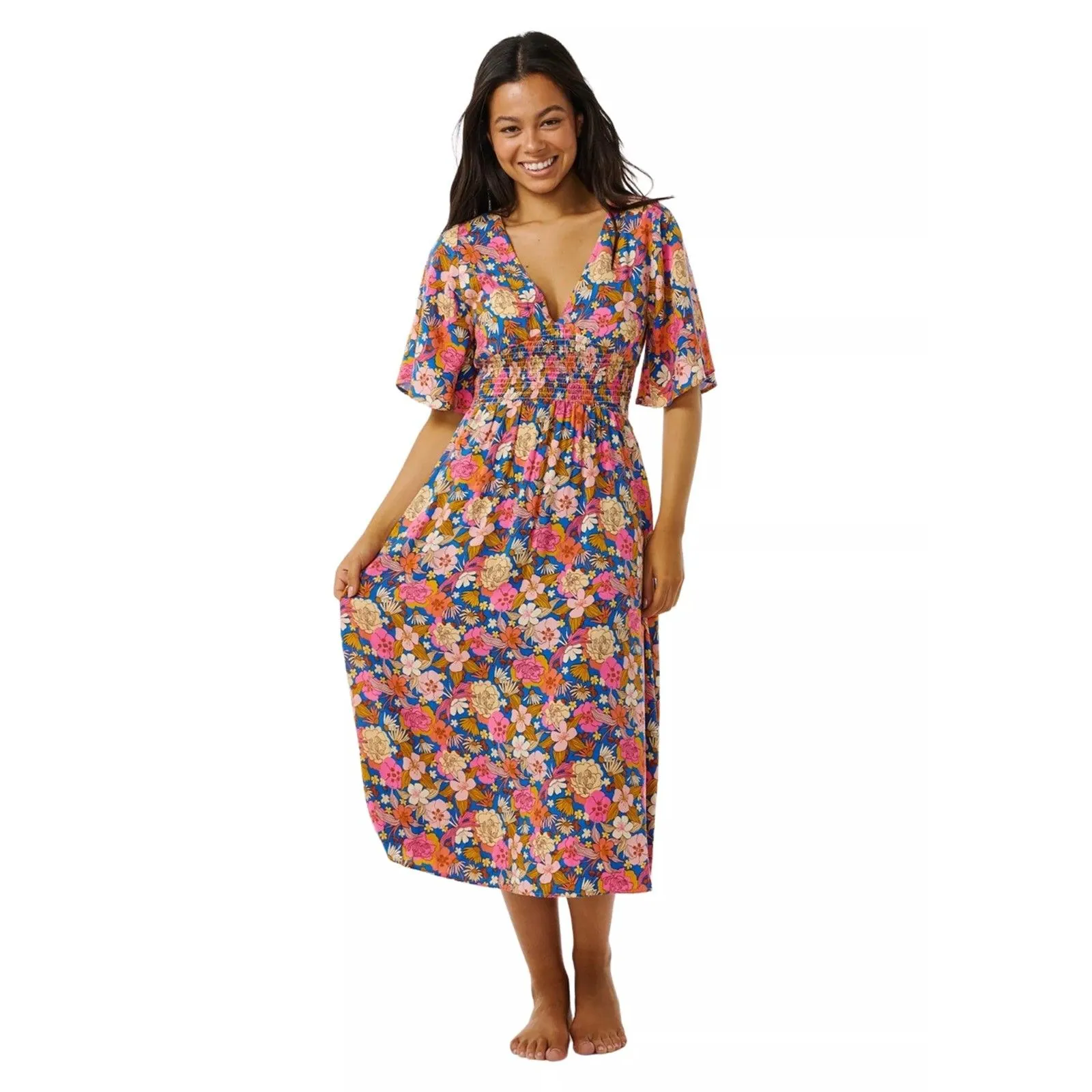 Rip Curl Floral Kamari Smocked Waist Midi Dress New With Tags Size Small Blue - Image 2