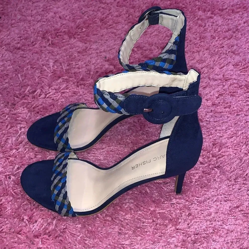 Marc Fisher Blue Suede Checkered Heels Size 8 - Image 2