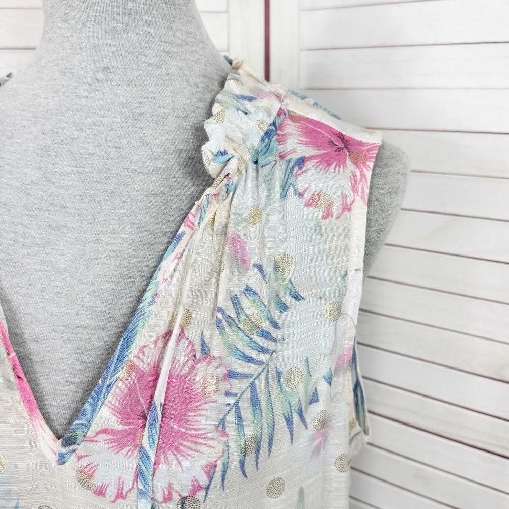 Harve Bernard Tropical Print Tie Neck Sleeveless Blouse White Multi Medium - Image 5