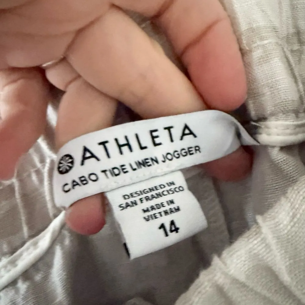 Athleta Cabo Tide Linen Jogger Pants in Tan and Cream Camo Size 14 - Image 5