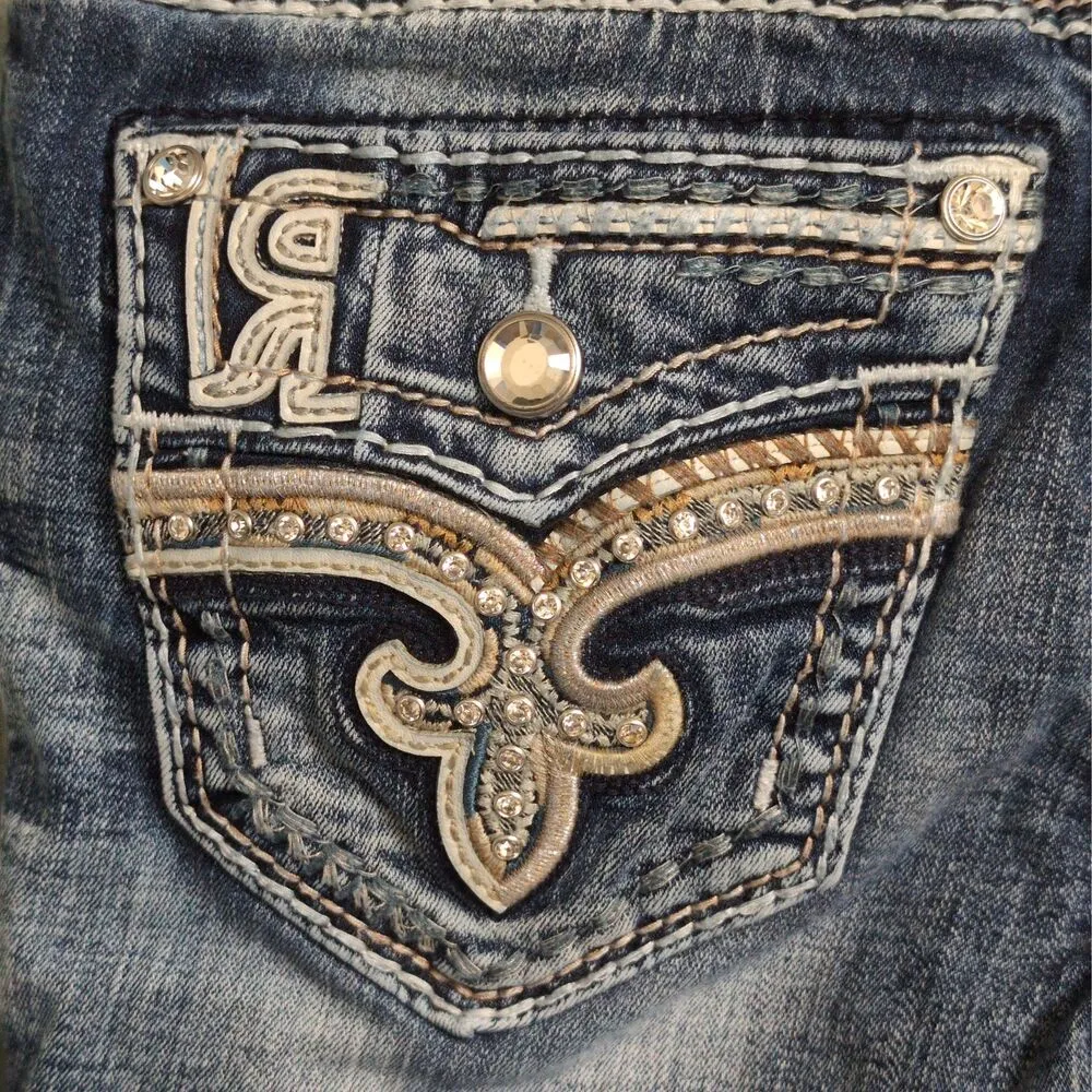 Rock Revival Blue Distressed Embroidered Rhinestone Agata Skinny Jeans Size 25 - Image 7