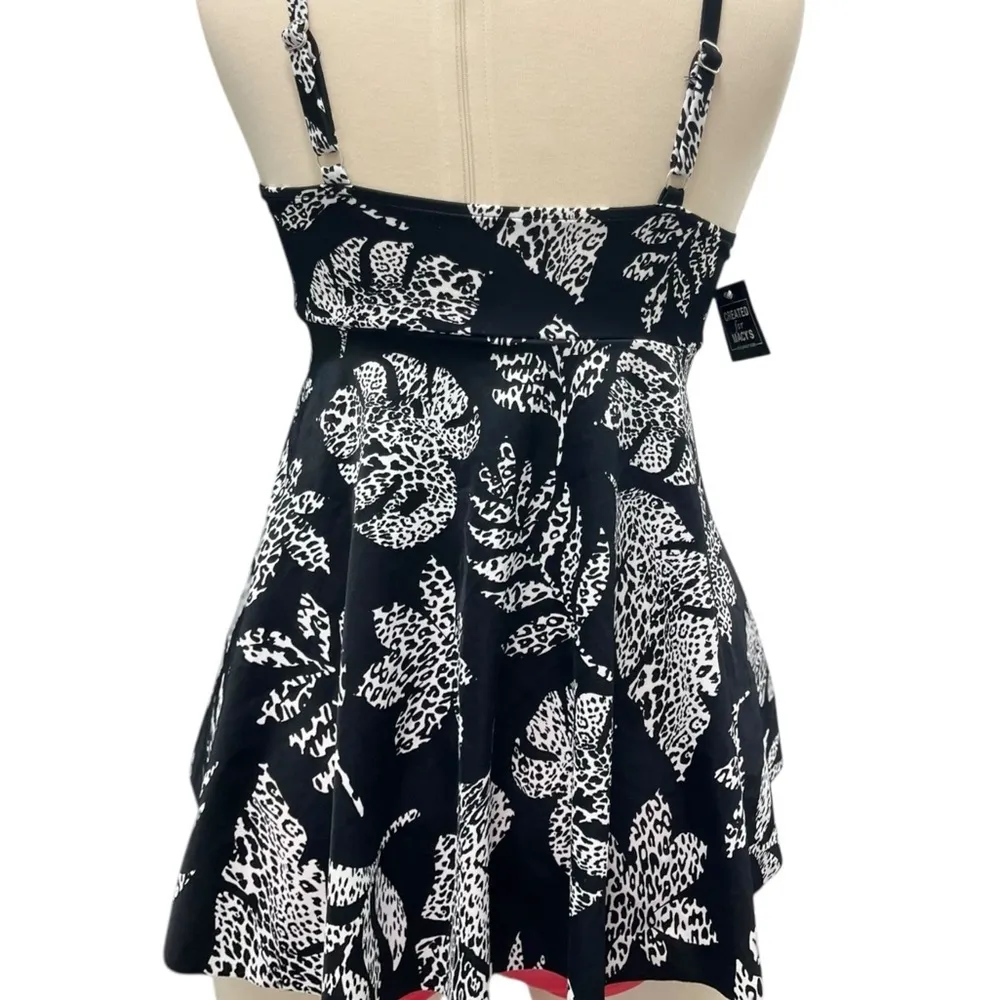 Swim Solutions Empire Waist‎ Tummy Control Spotted Leaf Black Swim Dress Large - Image 2