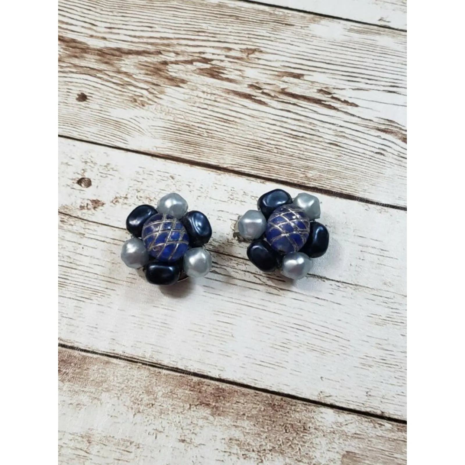 Vintage Clip On Earrings Tones of Blue Flower Just Over 1" - Image 2