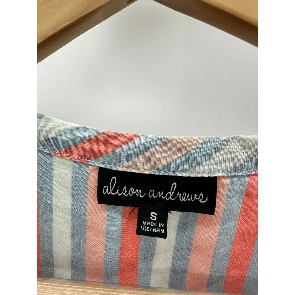 Alison Andrews Top Women SMALL Pink White Blue Striped Short Sleeve High Low - Image 5