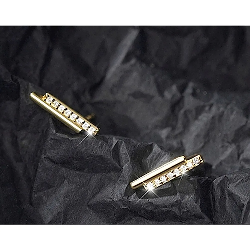 NEW Womens Gold Plated Sterling Silver‎ Bar Simulated Diamond Stud Earring, 12mm - Image 2
