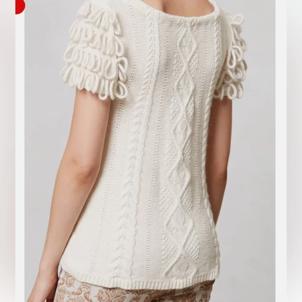 Anthropologie Monogram Looped Epaulet top short sleeve Sweater  Ivory  M - Image 2