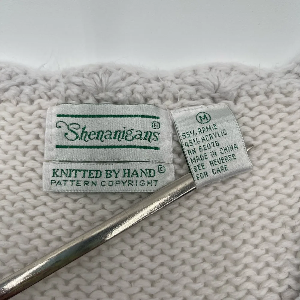 Vtg Shenanigans Sz Medium Hand Knitted Floral Sweater Cottage Grandma 80s 90s White - Image 5