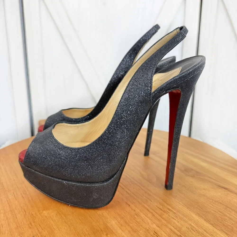 Christian Louboutin‎ Lady Peep Glitter Platform Slingback Pumps Black Red 37.5 - Image 2