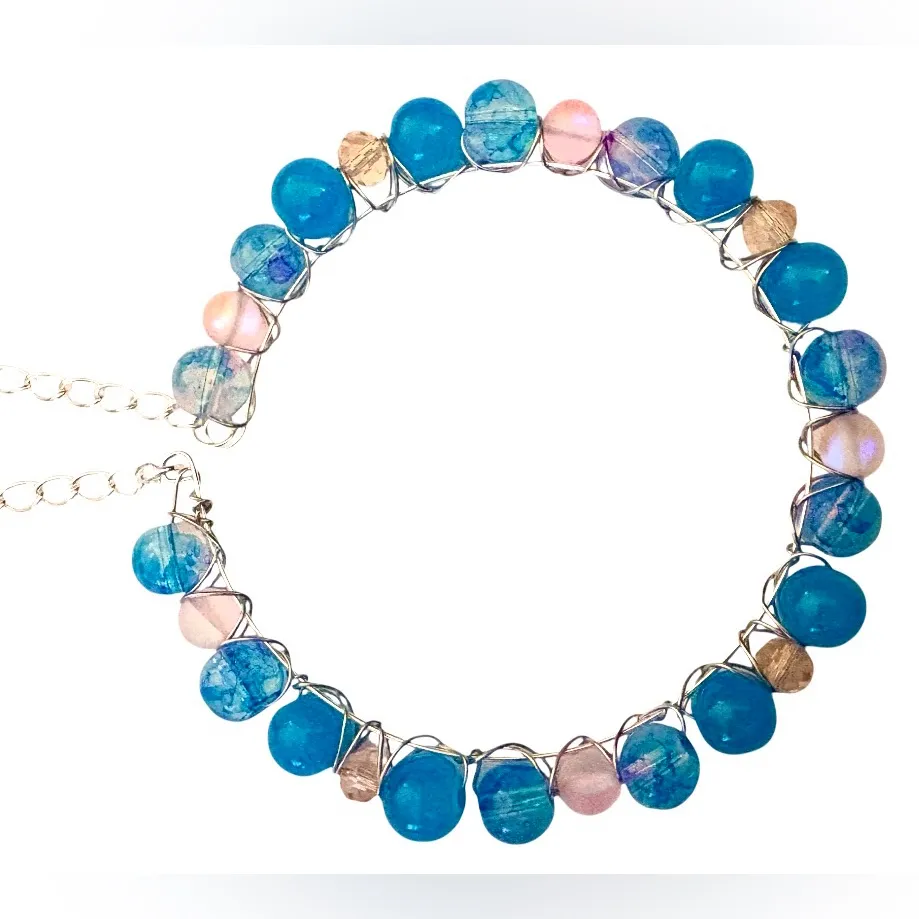 Hand Wired Bracelet with Cotton Candy Stained Glass Beads and Crystals Blue - Image 5