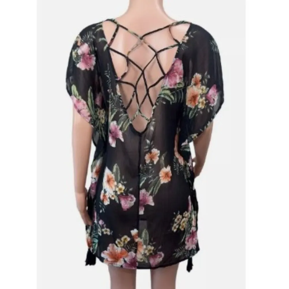 Kona Sol L Aloha Noir Strappy Exotic Floral Swim Cover Up - Image 10