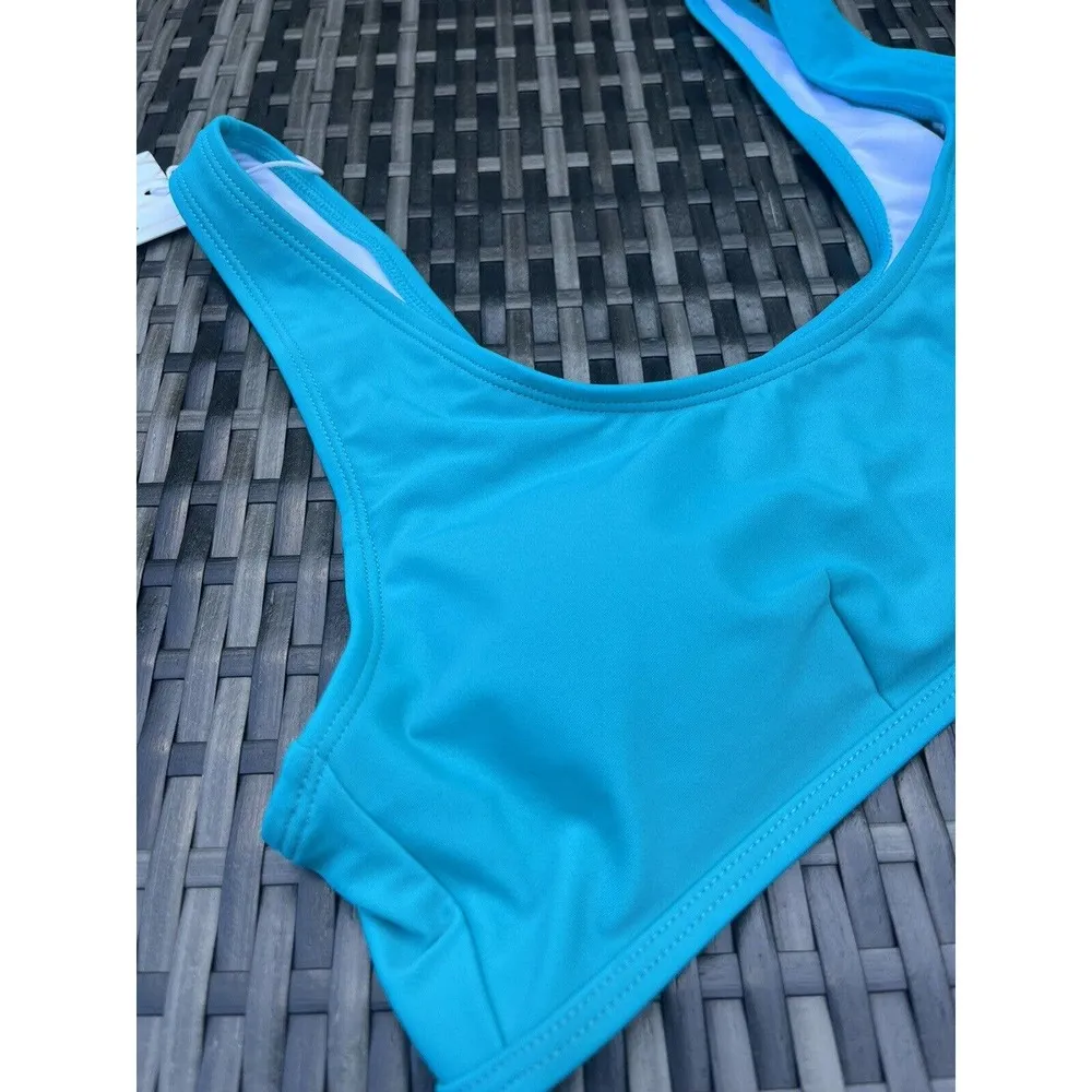 NWT Halara Solid U Neck Sporty Lake Blue Bikini Top Size Large - Image 6