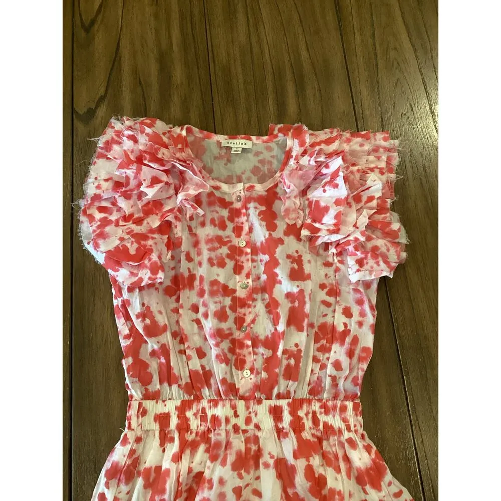 Stellah Ruffle Tiered Mini A Iine sun Dress Button Front Cotton Red white S - Image 9