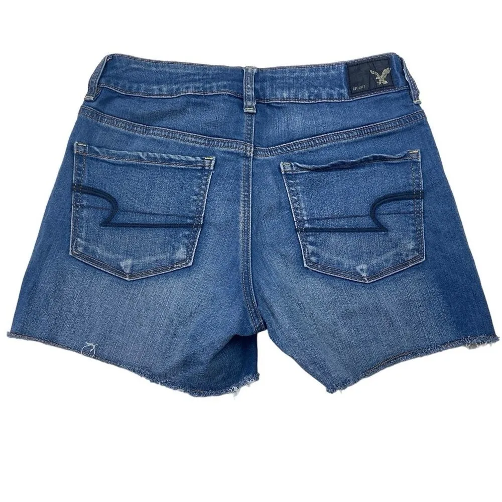 American Eagle Blue Medium Wash Mid Rise Cotton Stretch Cutoff Jean Short Size 4 - Image 2
