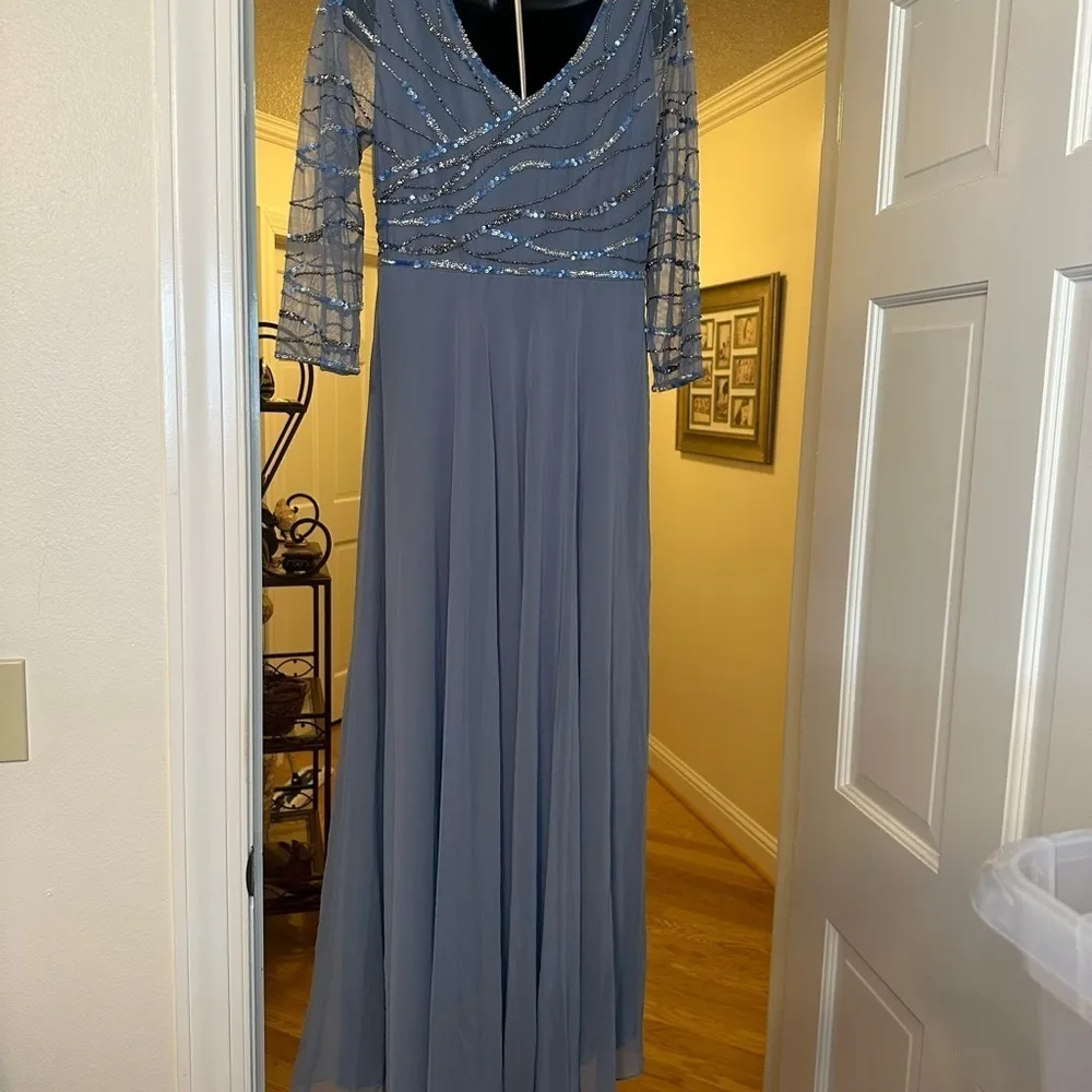 Jkara Slate Blue/Gray 3/4 Sheer Sleeve V Neck Beaded Bodice Dress Size 6P NWT - Image 8