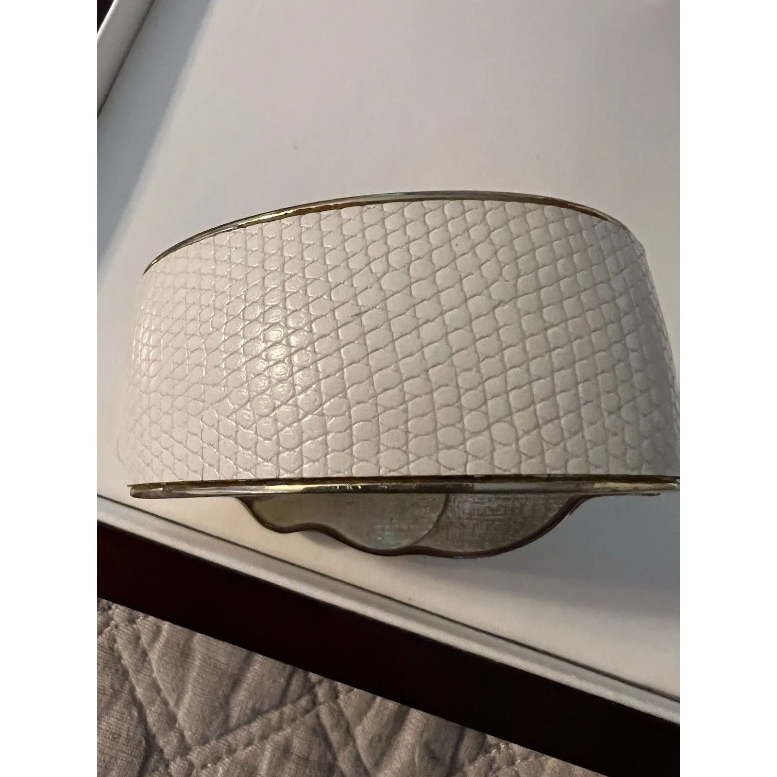 OWL Statement Cuff/Bracelet W/ White Faux Leather Band. Gold - Image 6