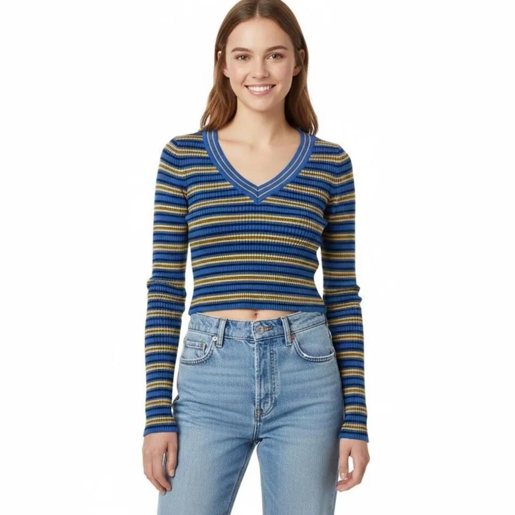 BDG Blue and Yellow Addison V Neck Ribbed Knit stretch shirt size Medium - Image 9