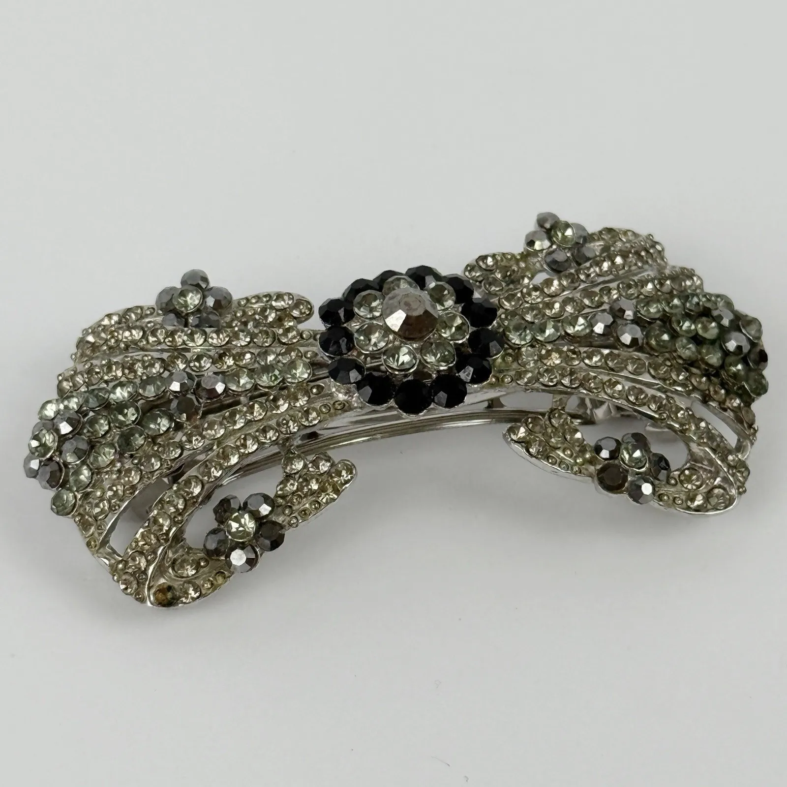 Vintage Rhinestone Bow Hair Barrette Silver Tone Crystal Floral Design - Image 2