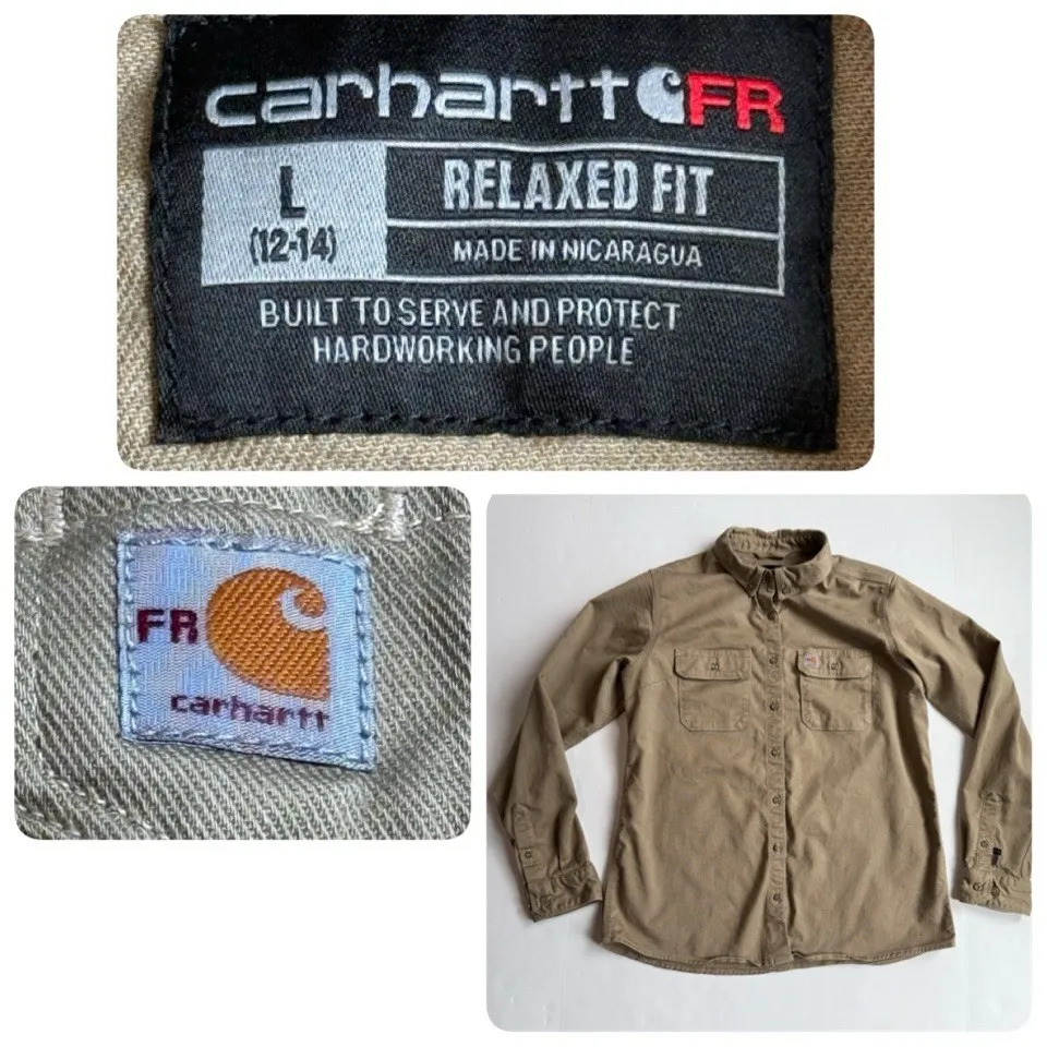 Carhartt FR Long Sleeve Top Women L 12 14 Button Up Relaxed Fit Twill 102459 Tan - Image 2